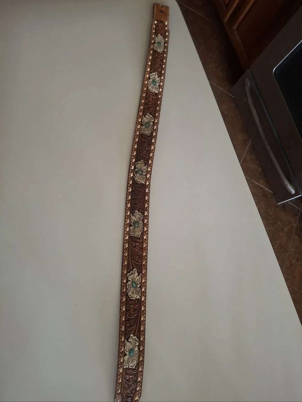 Tooled Leather Floral Belt with Turquoise Accents